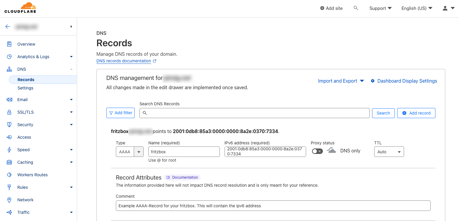 Example for an AAAA-Record configured on Cloudflare