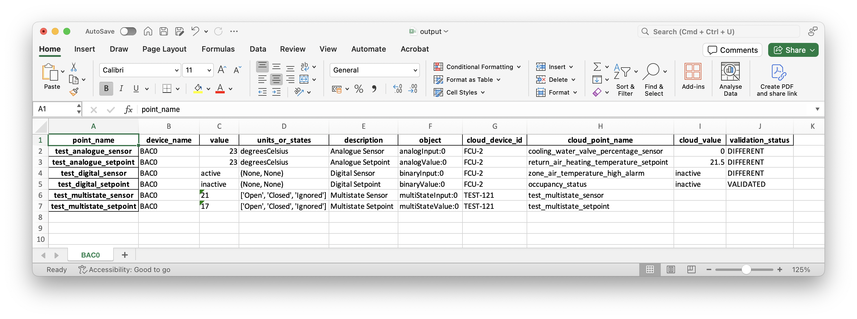 UDMI commissioning validation output