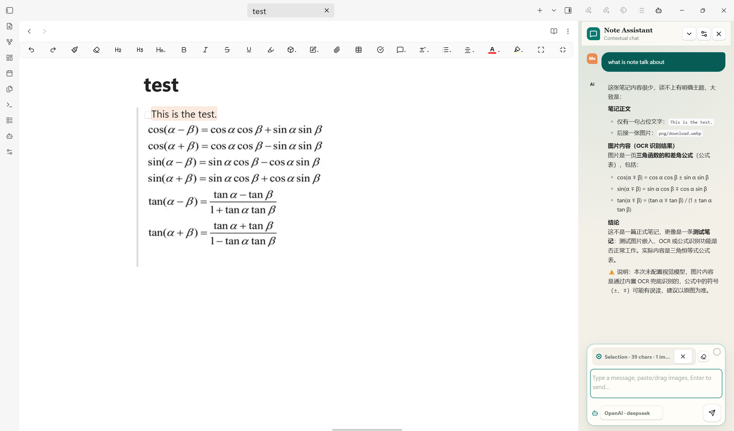 Context-aware chat using selected text and OCR from a note image