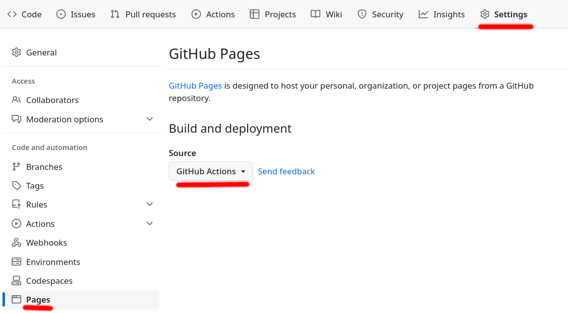 GitHub pages settings
