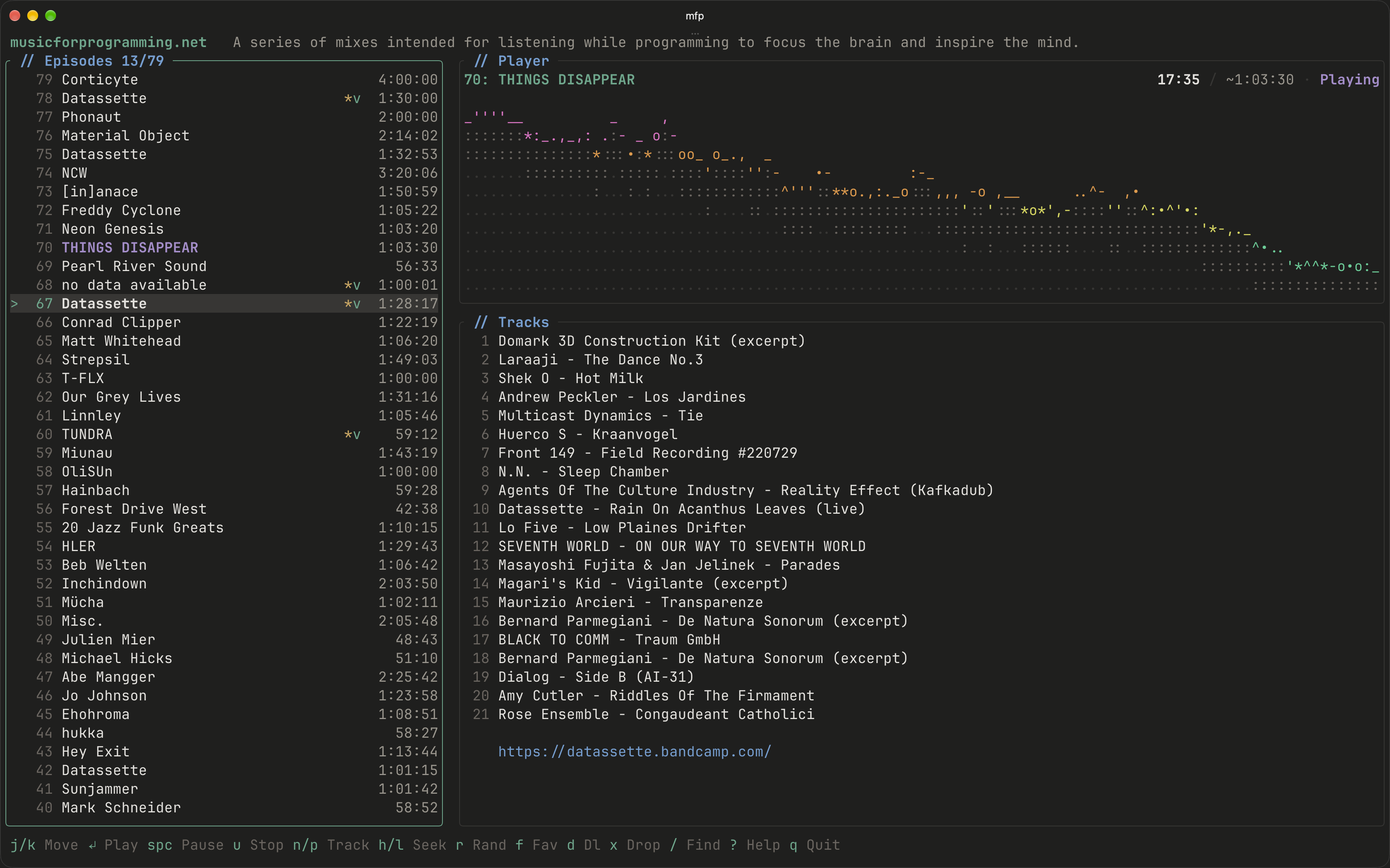 The mfp interface: the episode list, the player with its spectrum analyser, and the track listing for what is playing