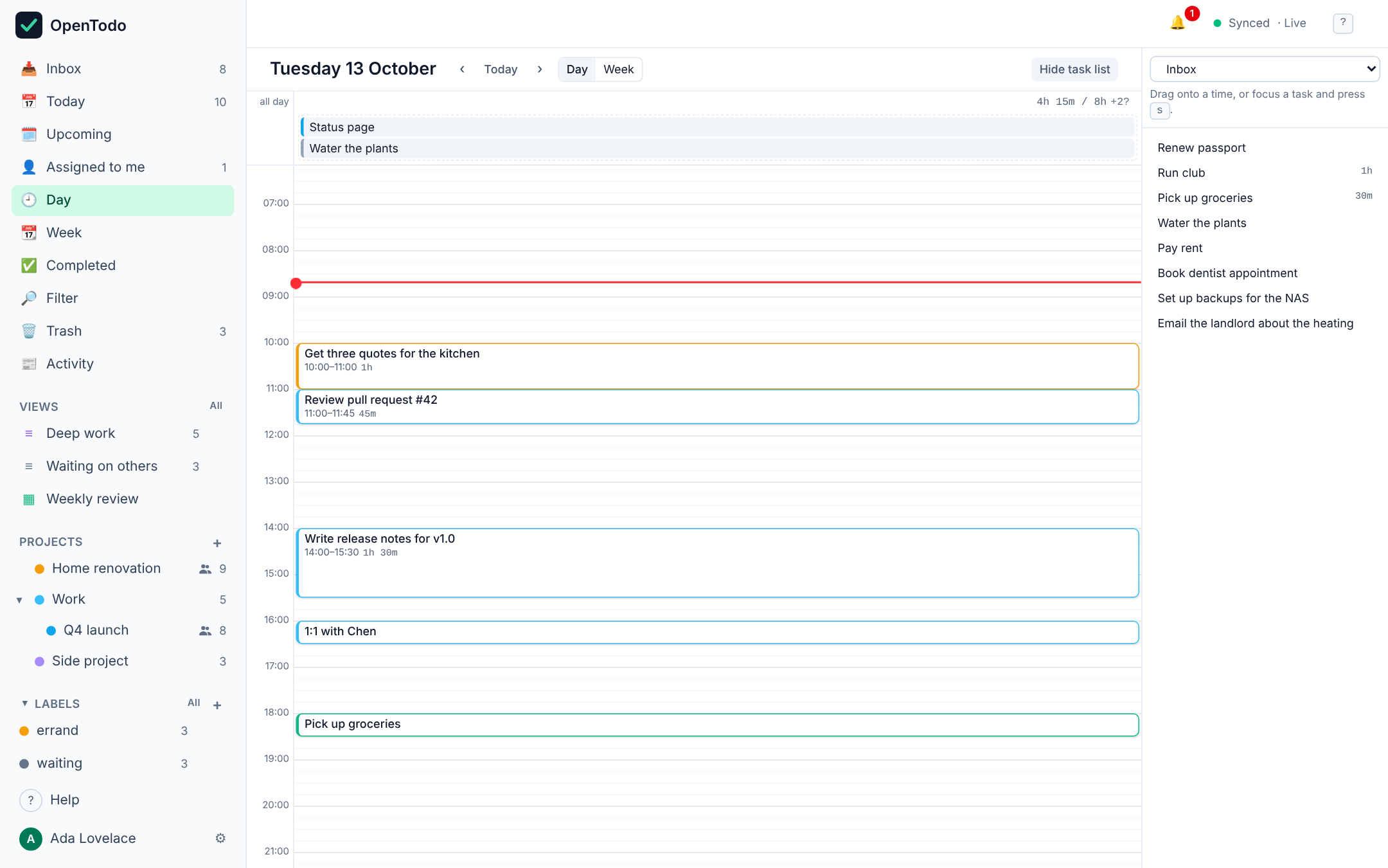 Day view: timed tasks as blocks sized by their estimate, overlapping blocks side by side, the unscheduled lane and the planned total against the day length