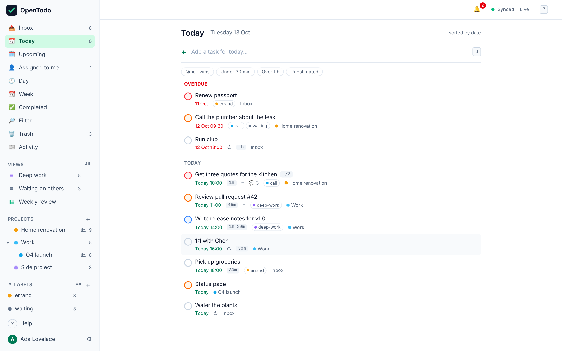 Today view with overdue and due-today tasks