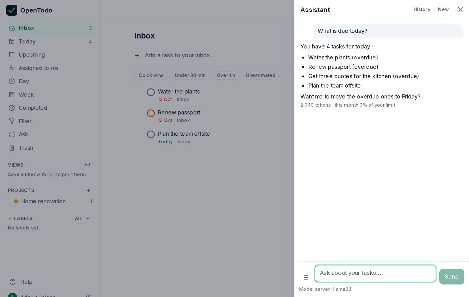 The assistant panel on the right of the Inbox. The question What is due today? is answered with a list of four tasks, three of them overdue, and a token count under the answer.