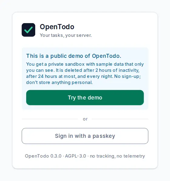 The demo sign-in card with a short explanation and a green Try the demo button.