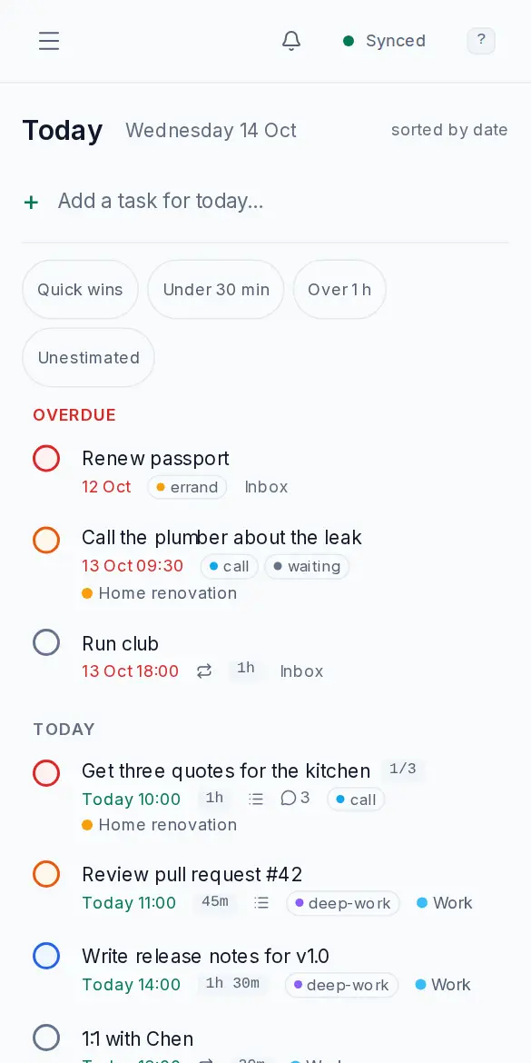 OpenTodo on a phone, showing the Today list full screen.
