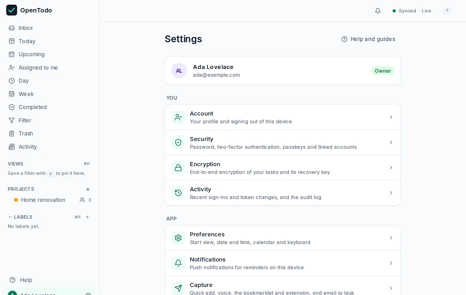 The Settings page with its You and App groups; the first section of the App group holds the language, the start view and the date and time options.