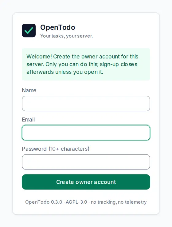 The Create the owner account form with Name, Email and Password fields.