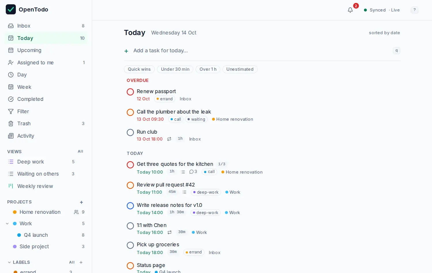 The Today view: the sidebar with Inbox, Today, Upcoming and projects on the left, and today's tasks with an Overdue group on the right.