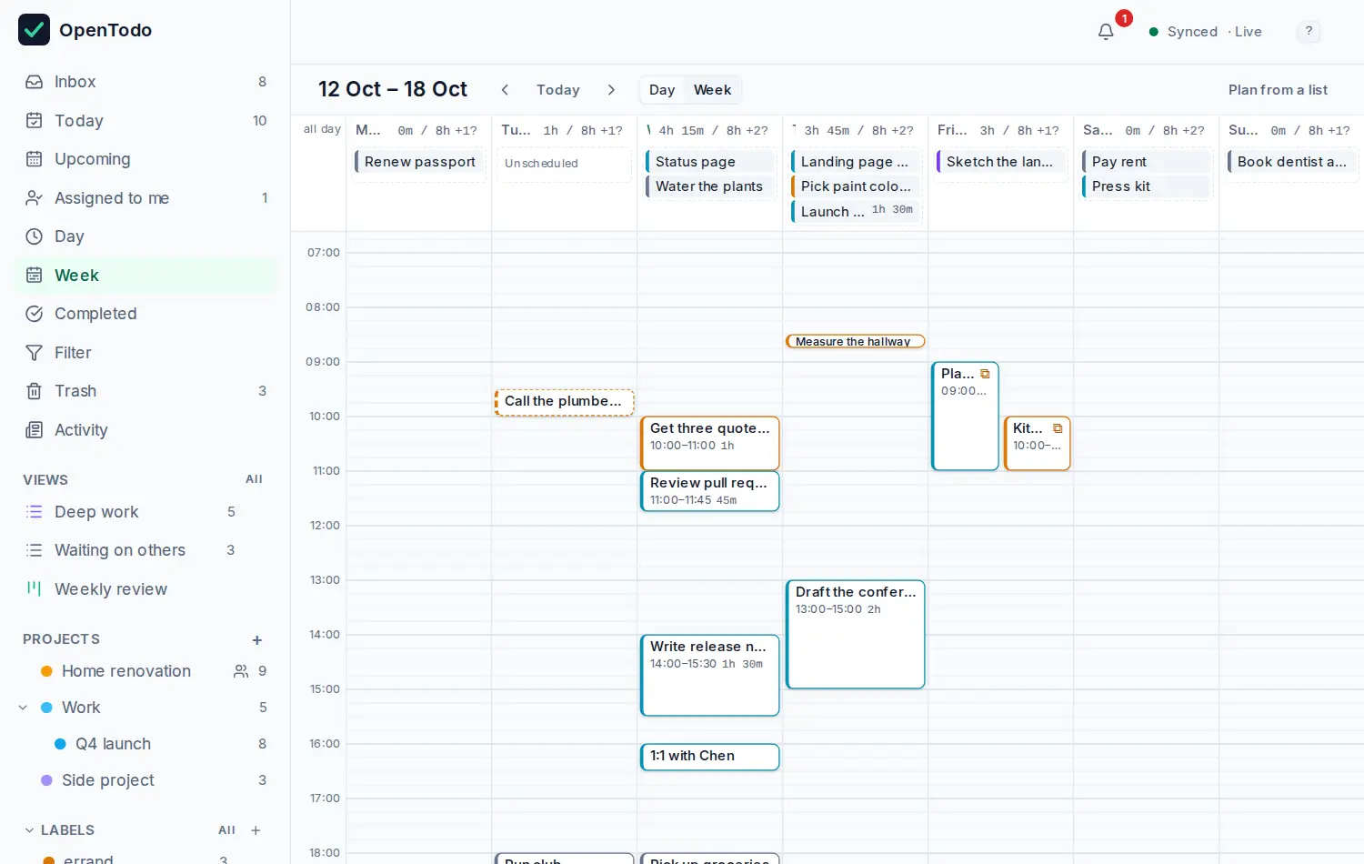 The Week calendar with timed tasks as blocks, where events from subscribed calendars are shown beside them.