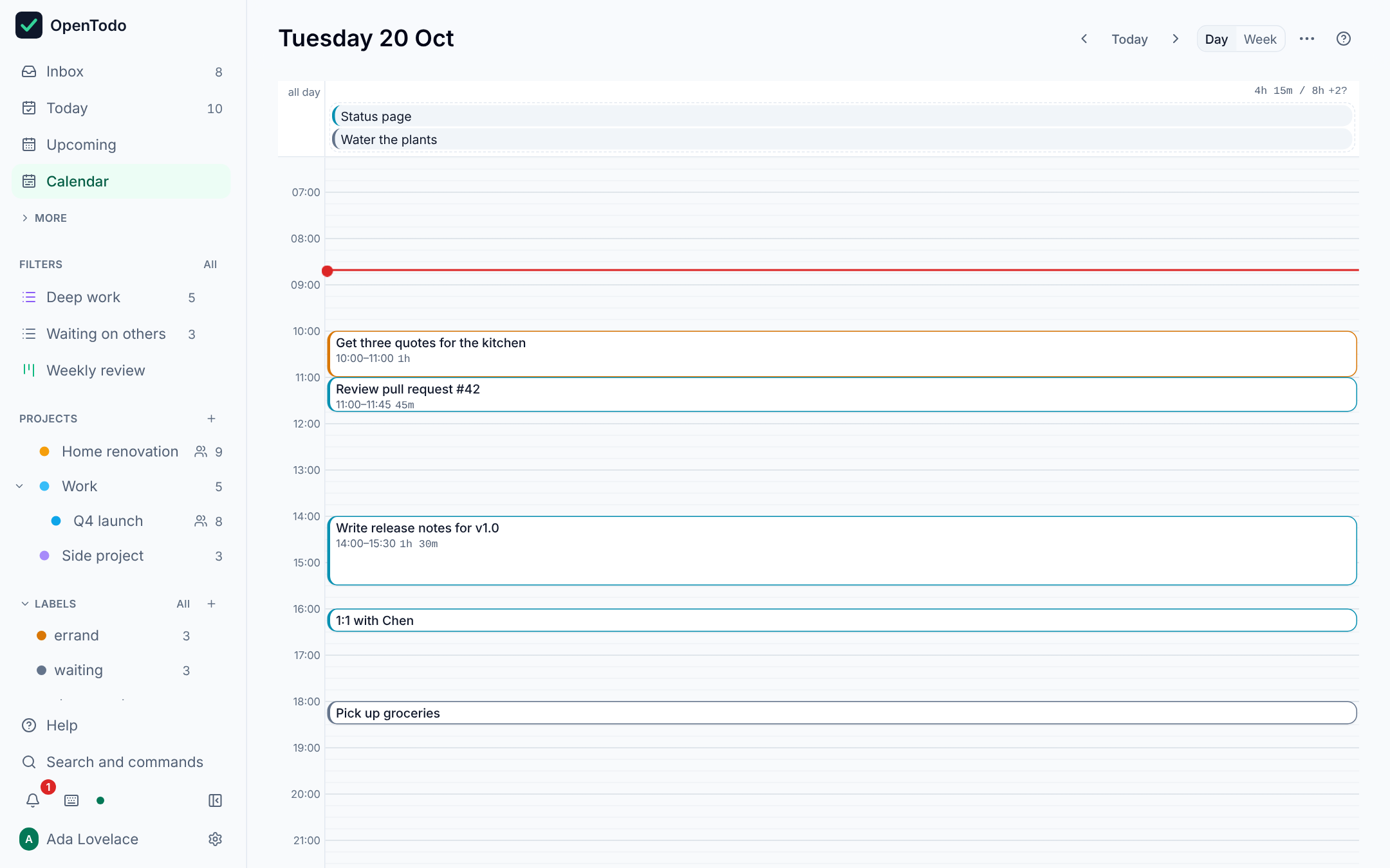 Day view: timed tasks as blocks sized by their estimate, overlapping blocks side by side, the unscheduled lane and the planned total against the day length