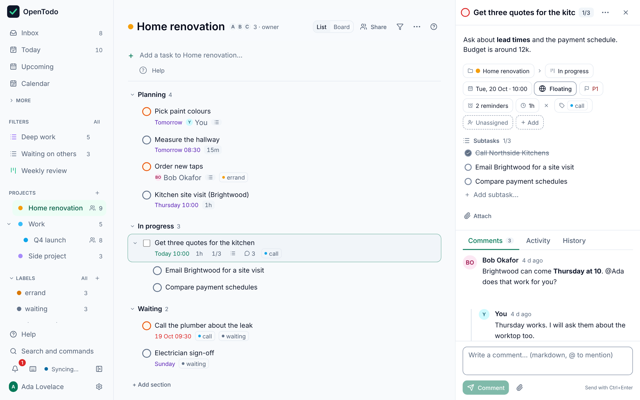 Project view with the task detail panel