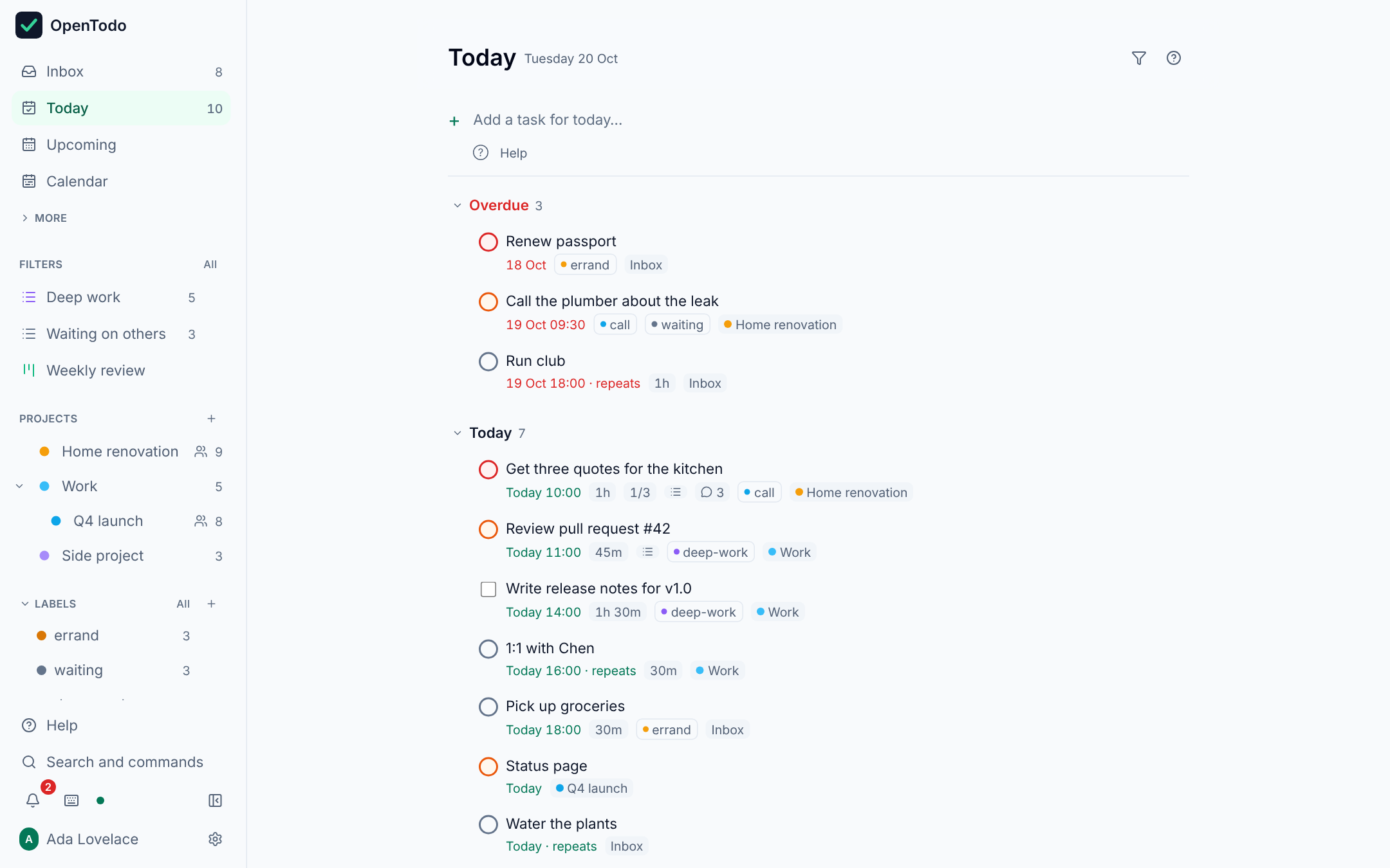 Today view with overdue and due-today tasks