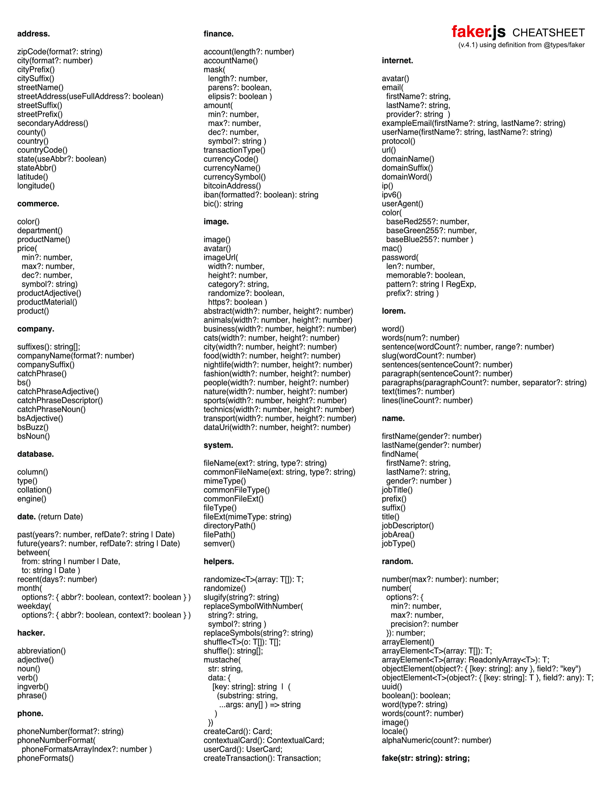 faker.js Cheatsheet