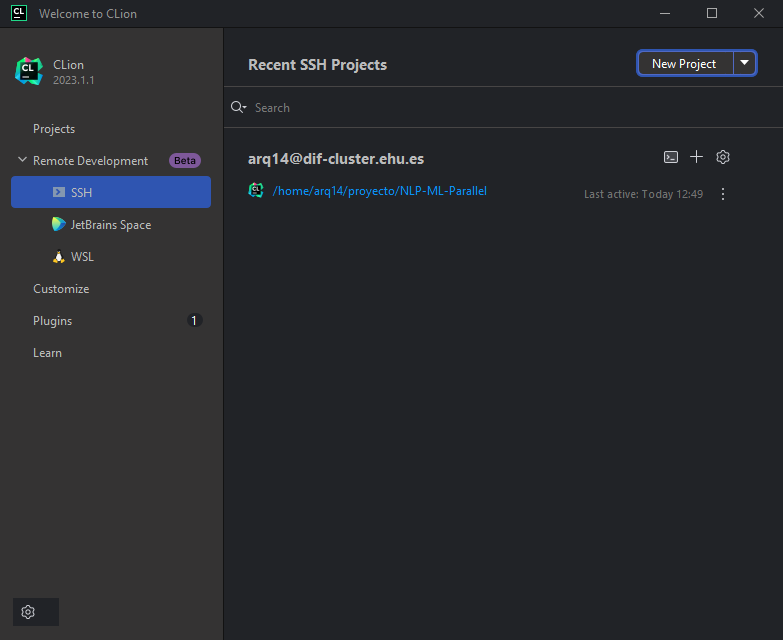 Conexiones SSH guardadas en CLion.