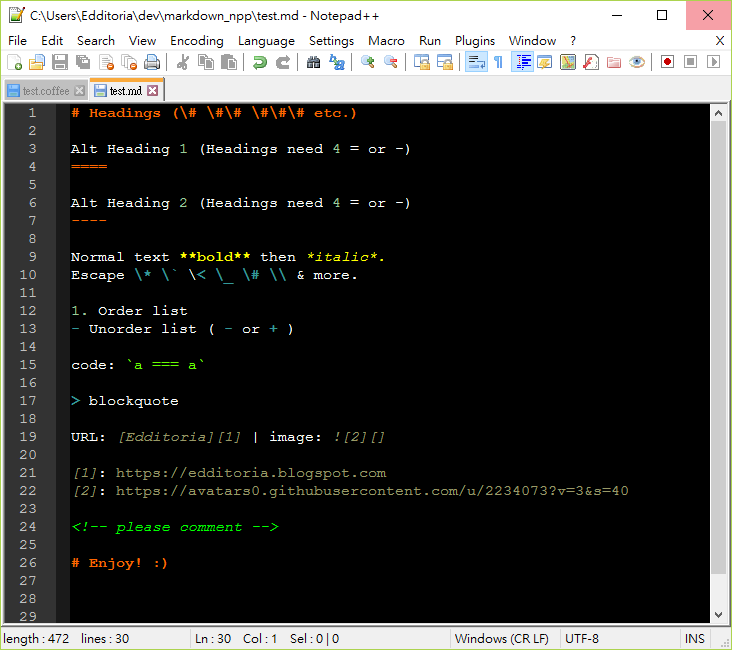 Markdown in Deep Black Theme of Notepad++