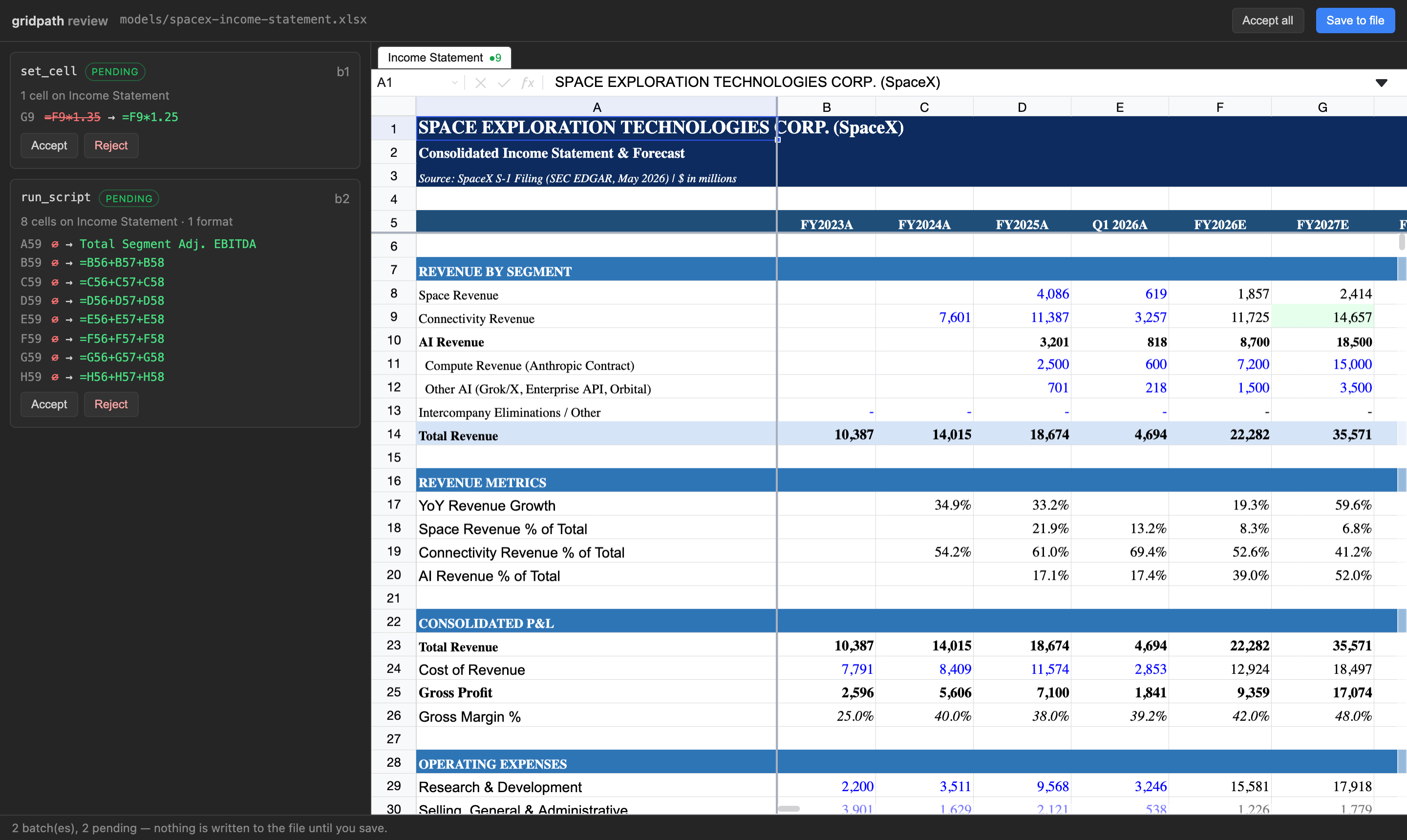 The GridPath review page: the workbook with changed cells highlighted and a panel of pending changes to accept or reject
