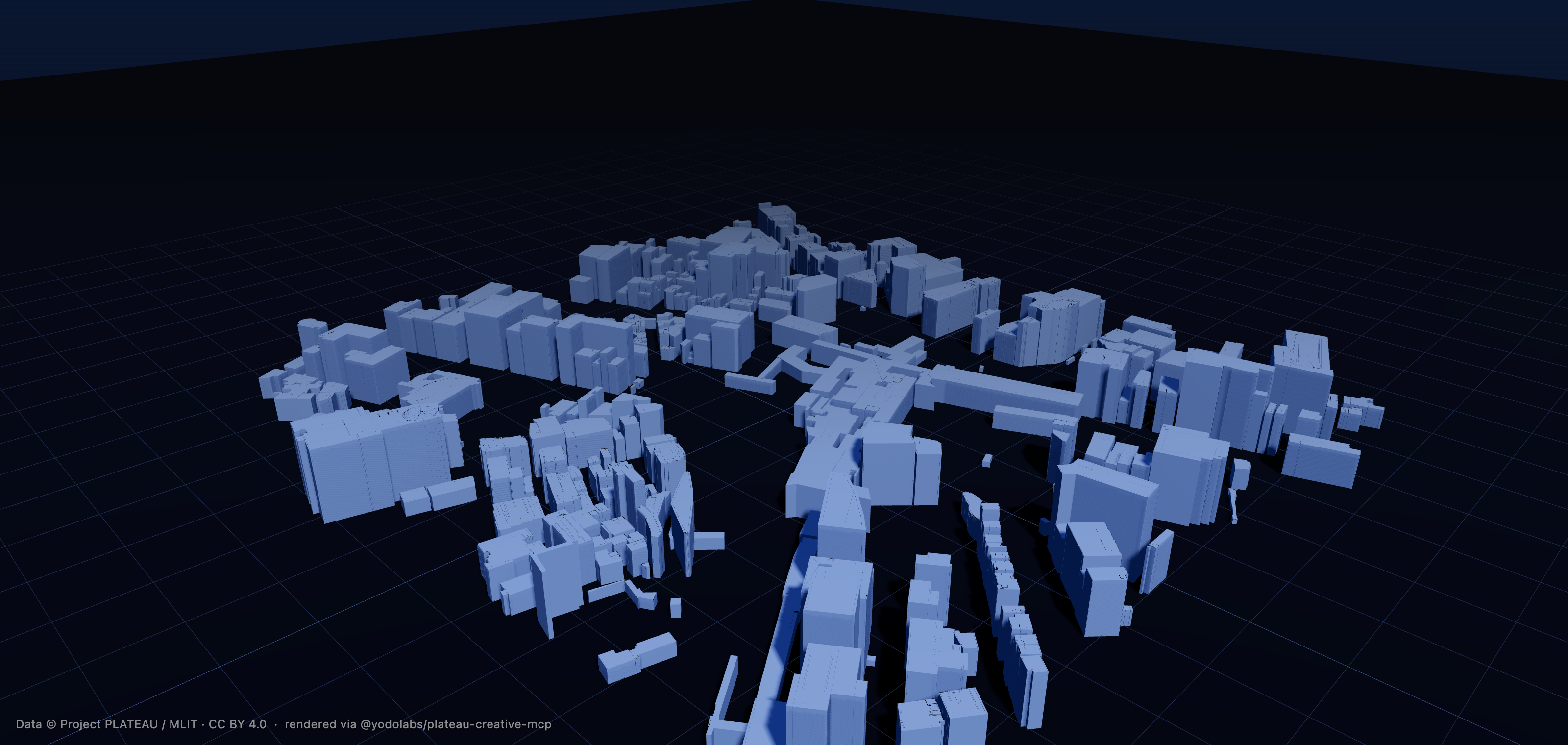 A real Shibuya block loaded from Project PLATEAU and exported by plateau-creative-mcp as a single .glb — hundreds of buildings as editable 3D geometry on a scene grid, ready for Blender / Unity / Unreal.
