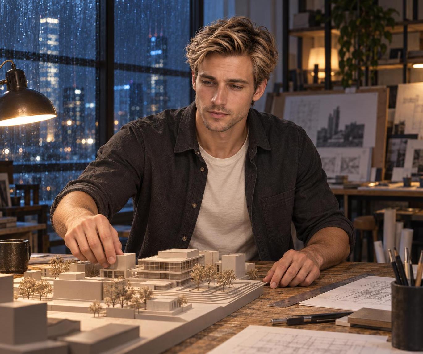 Blond Man Studies a Rainy City Model preview