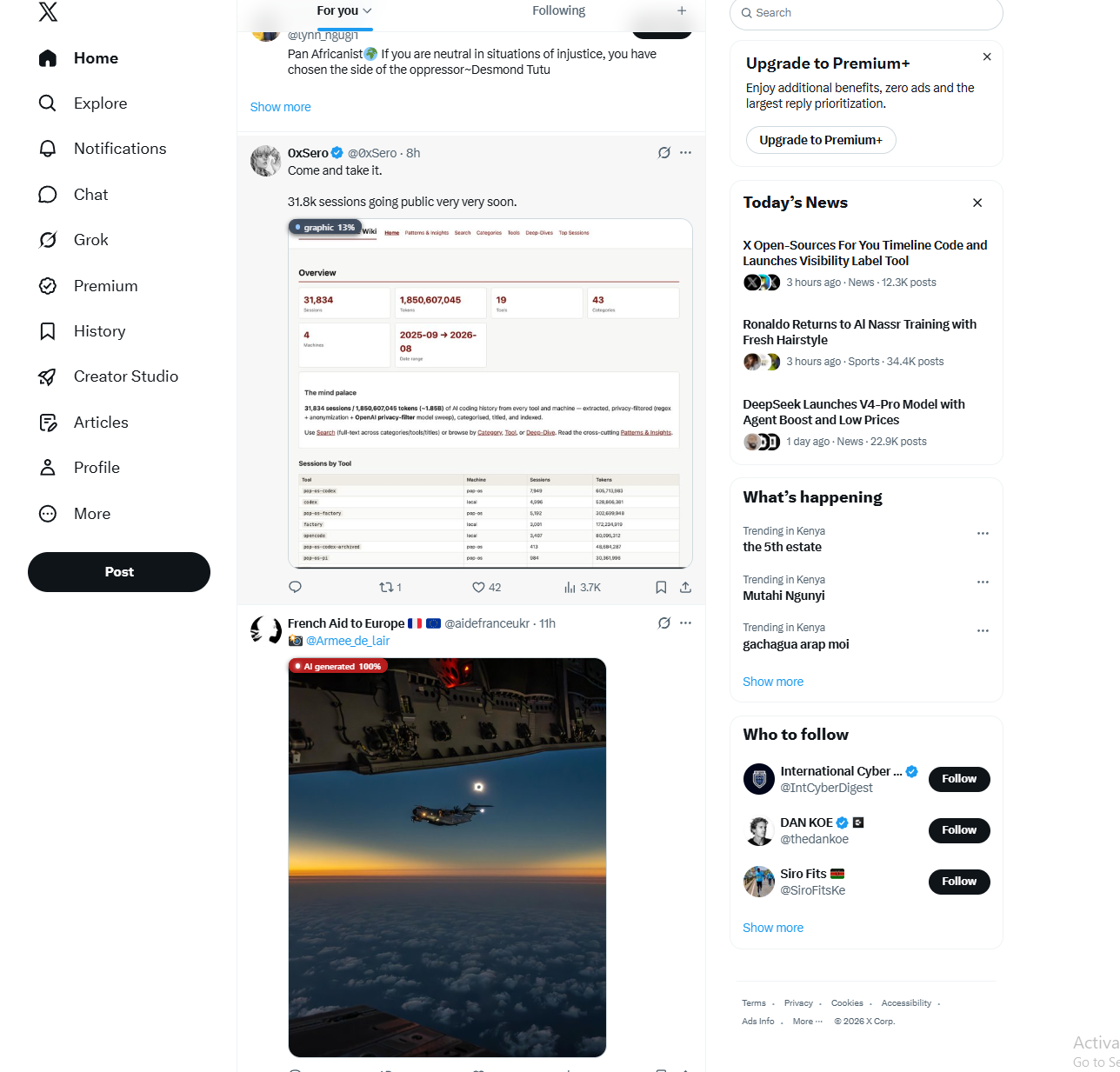 X feed: AI image flagged at 100%, dashboard screenshot labeled "graphic"