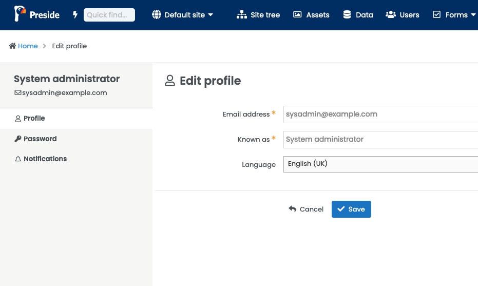 Admin user edit profile page showing the admin sidebar