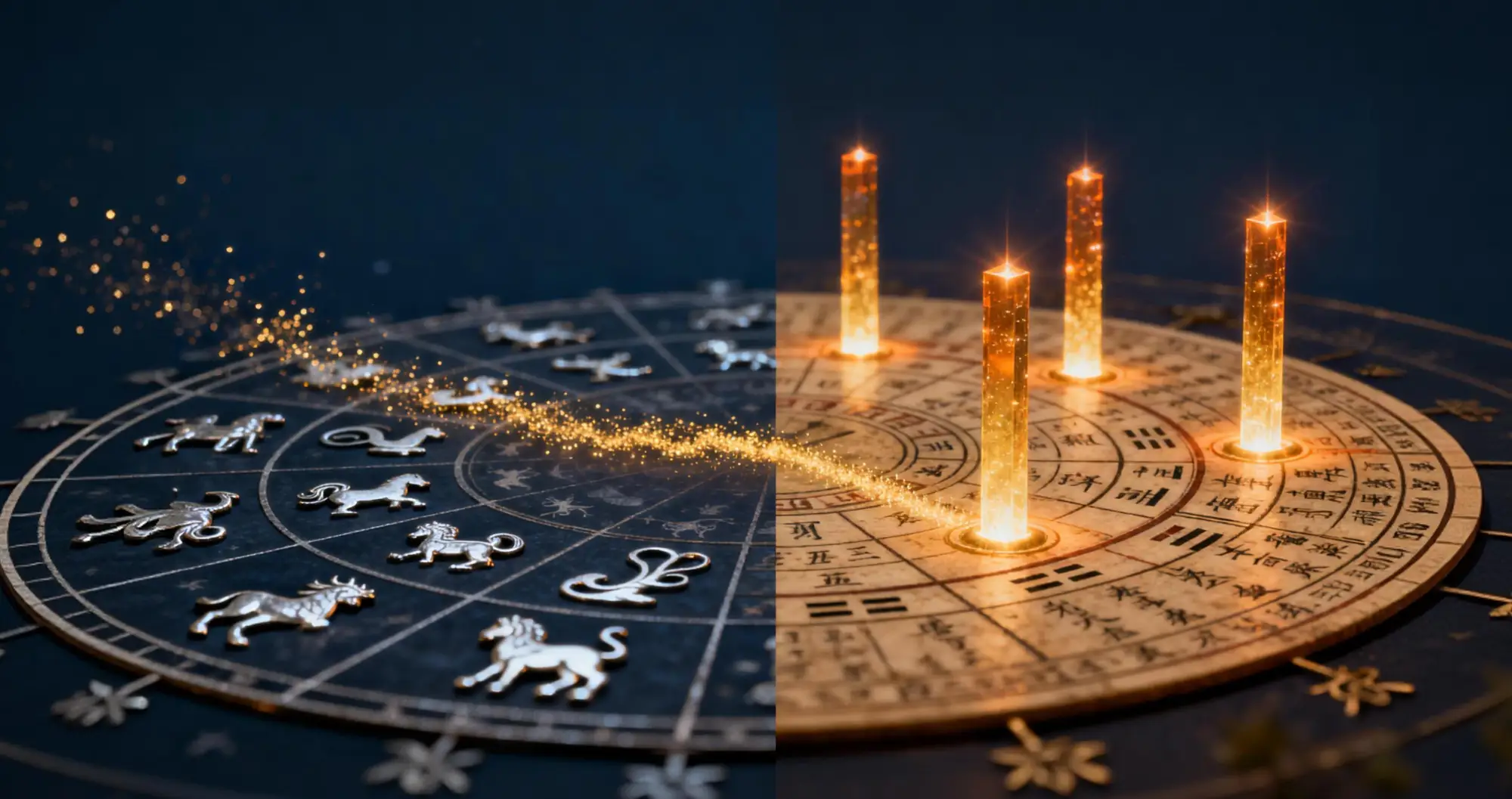 Western zodiac wheel beside golden BaZi pillars on dark navy background, illustrating how zodiac reading differs from Chinese BaZi life timing chart