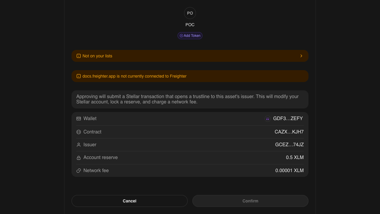 Proposed Add Token popup — Contract row + SAC disclosure block