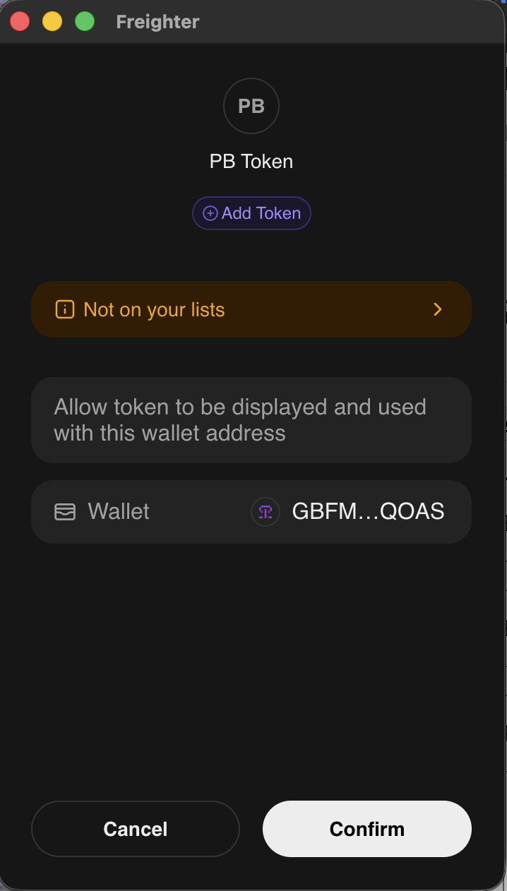Current Add Token popup — SAC token, no on-chain disclosure, no contract address