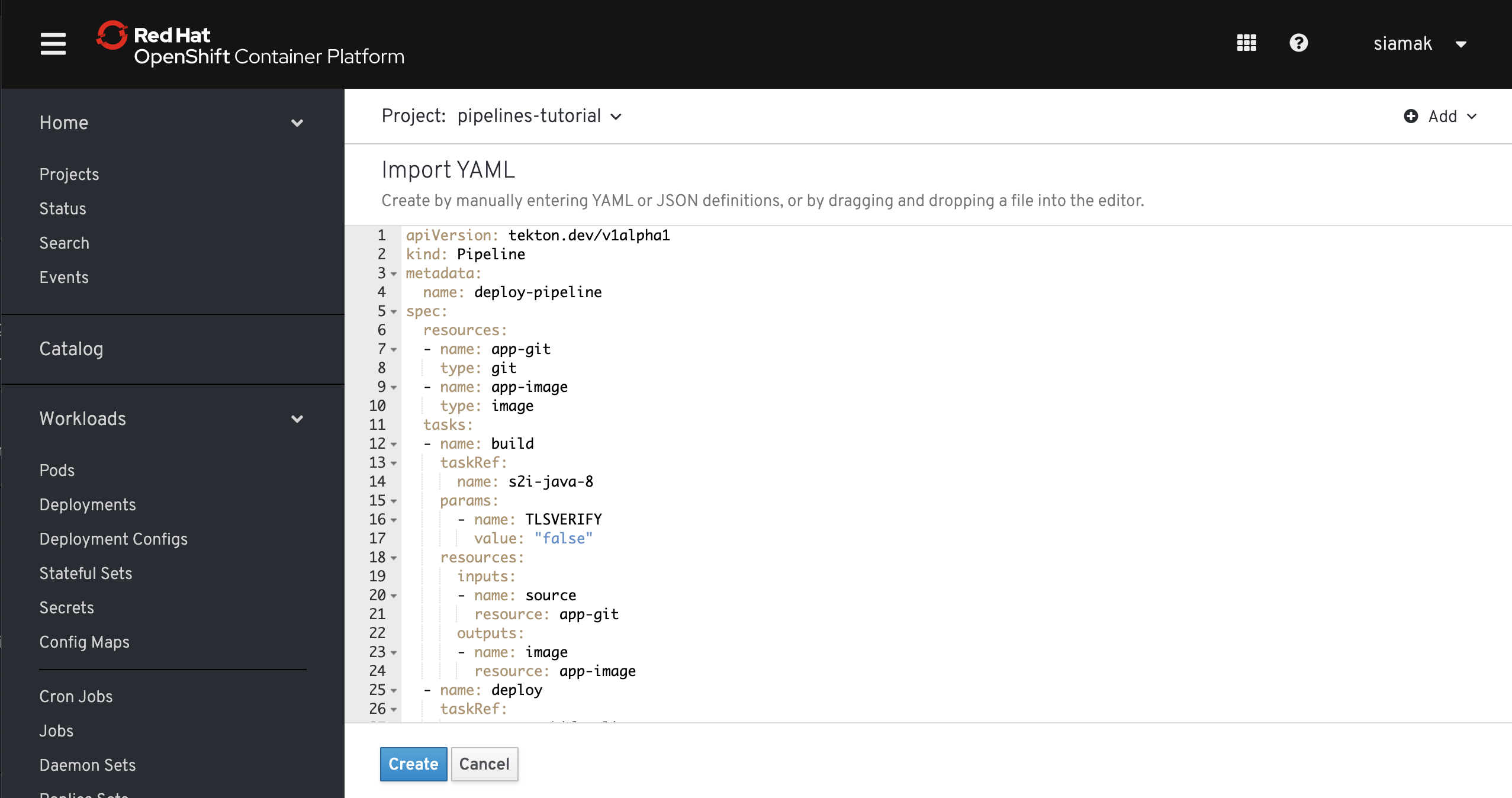 OpenShift Console - Import Yaml