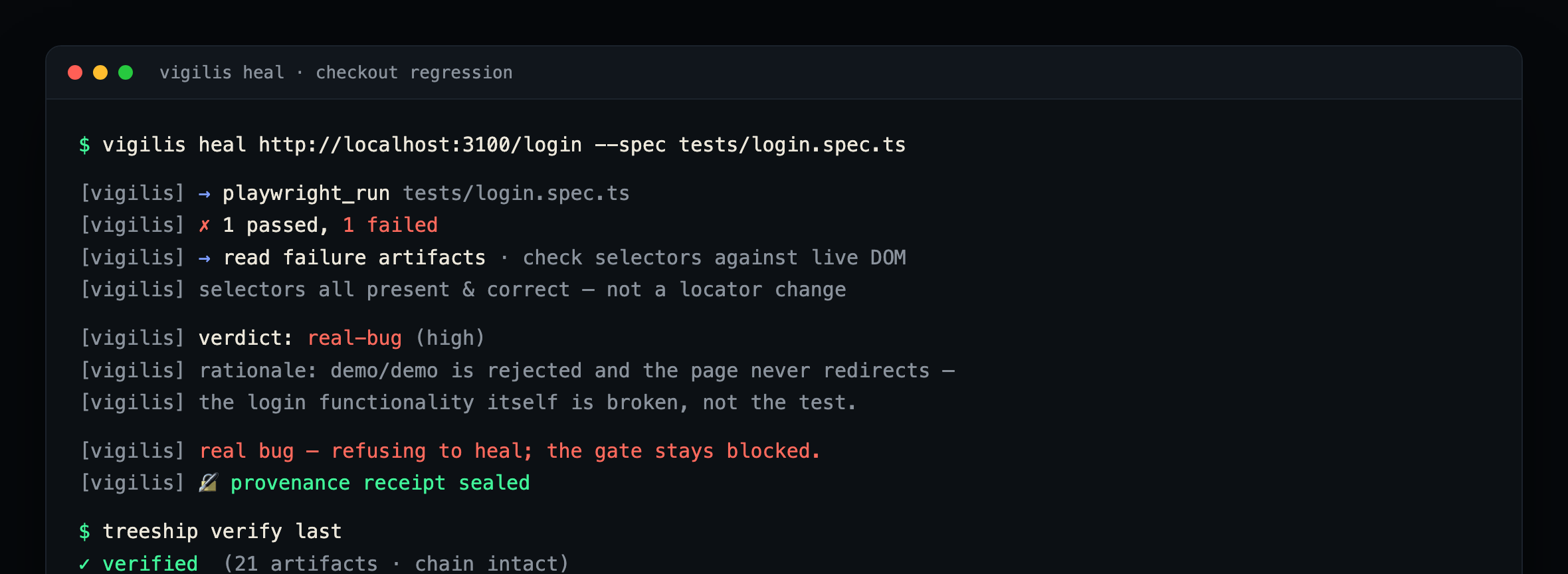 vigilis heal refusing a real bug and sealing a verifiable receipt