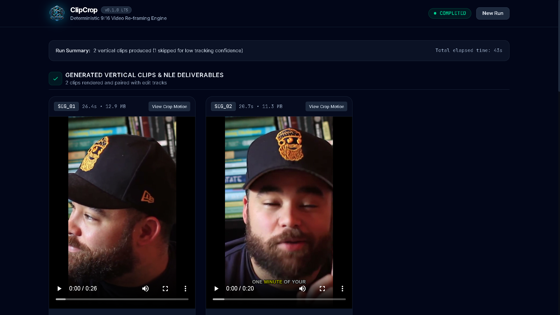ClipCrop Dashboard Live Execution