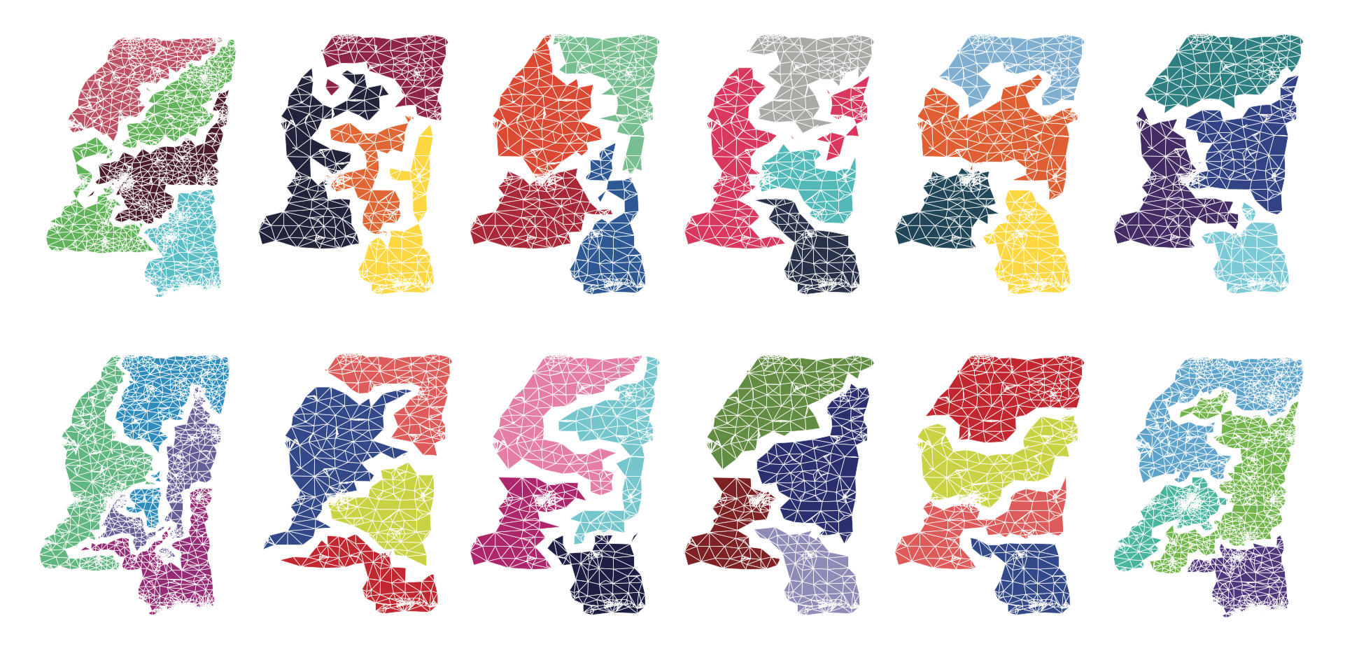 Twelve multicolor maps of Mississippi.