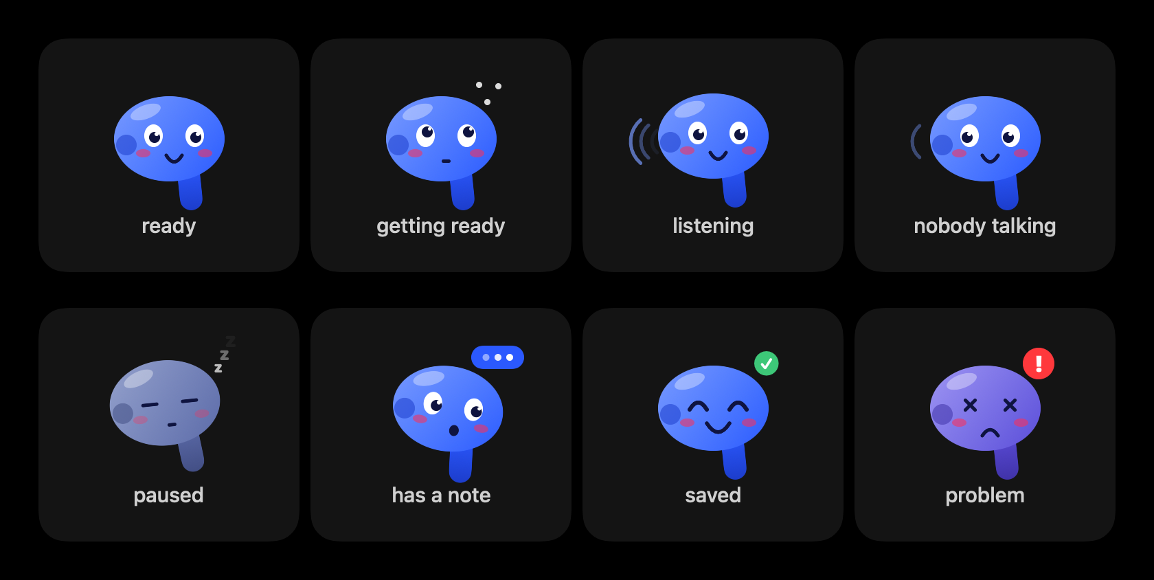 Pip's states: ready, getting ready, listening, nobody talking, paused, has a note, saved, problem