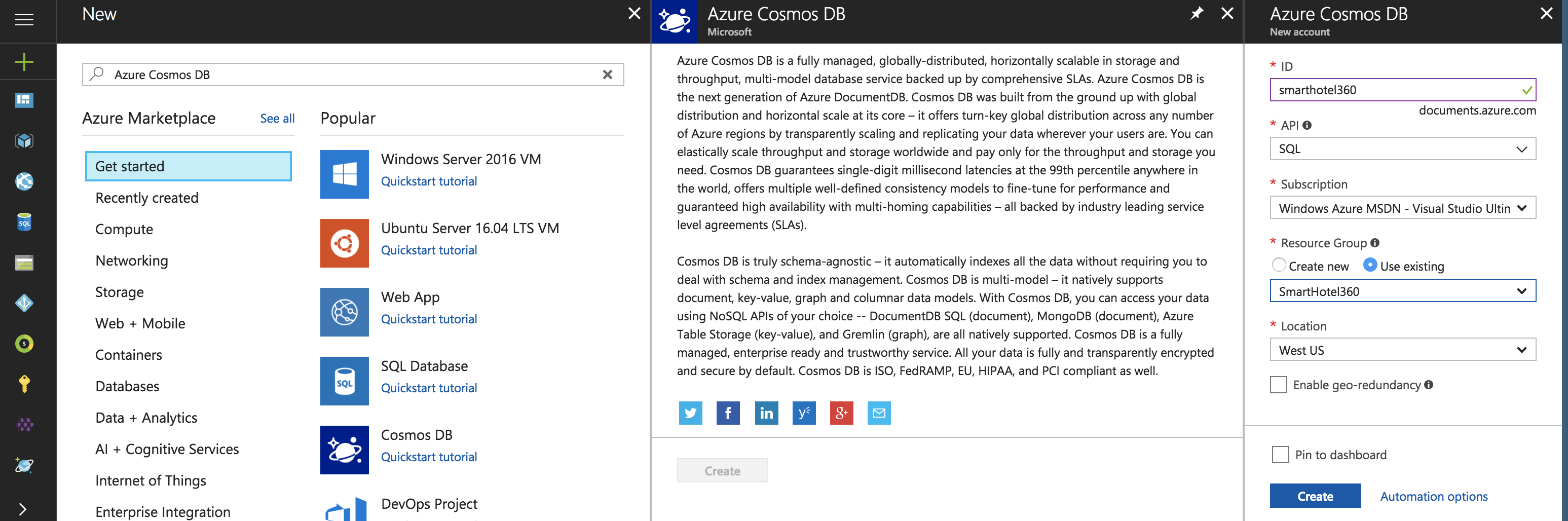 Create a Cosmos DB with SQL API