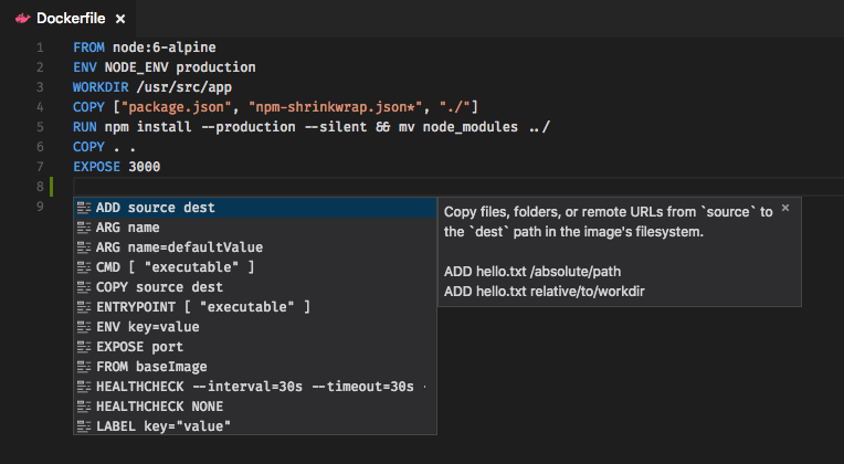 intelliSense for DockerFiles