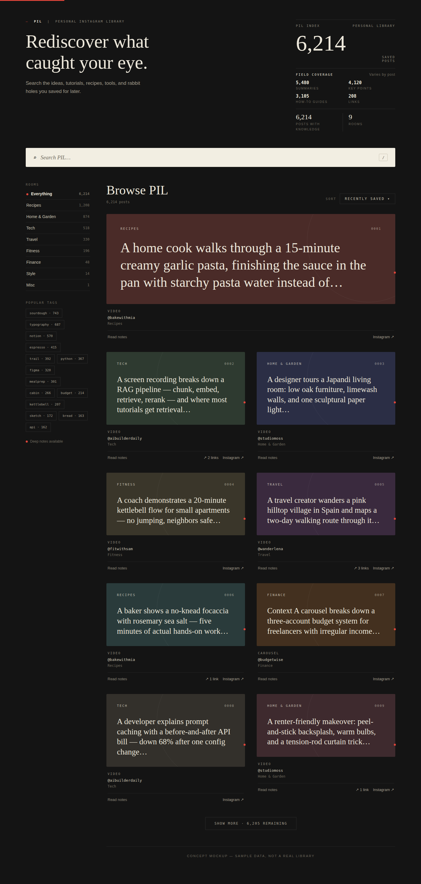 PIL dashboard concept — gallery of deep-read saved posts with a synthesized answer