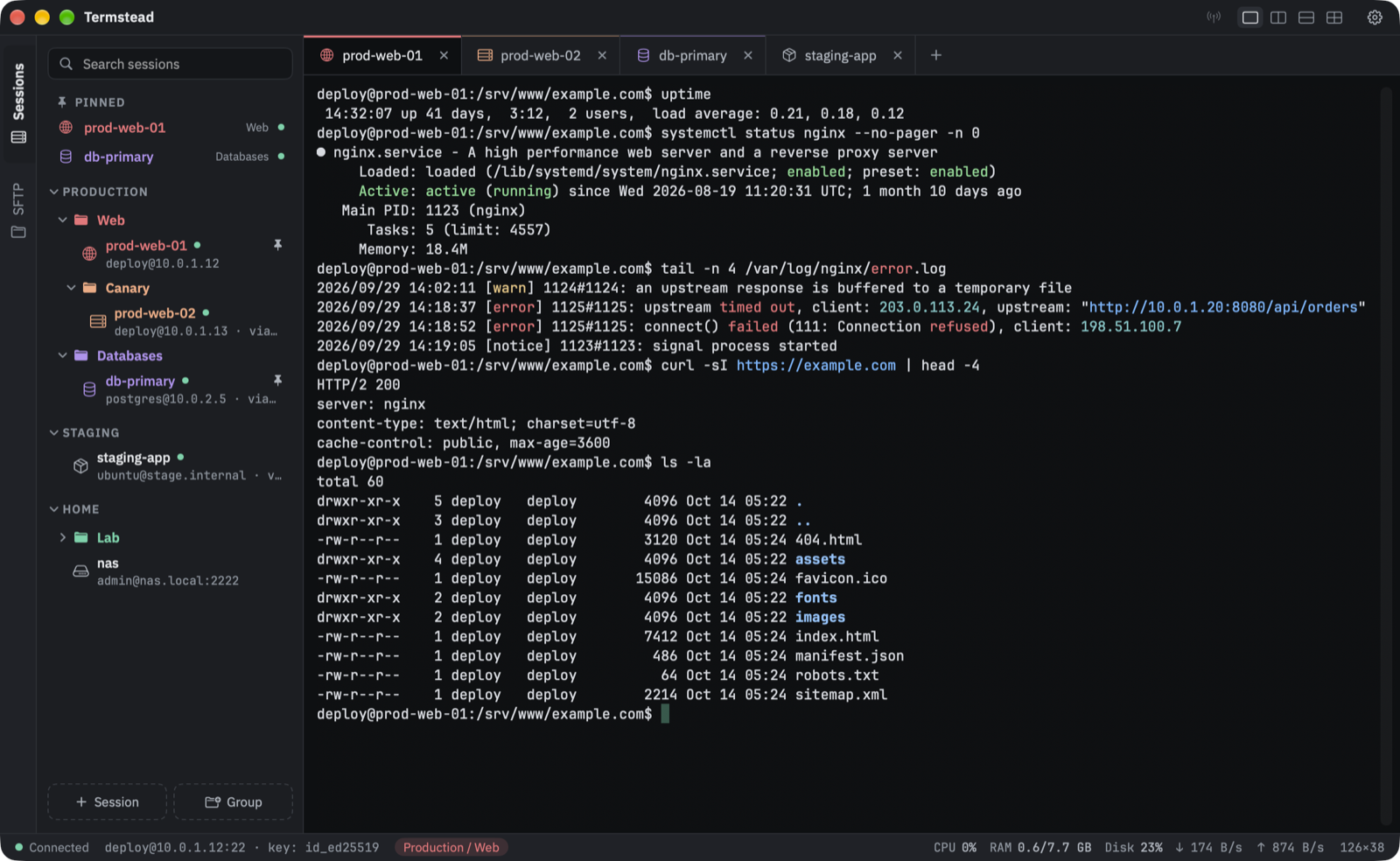 Termstead with four servers open in tabs and the session tree in the sidebar