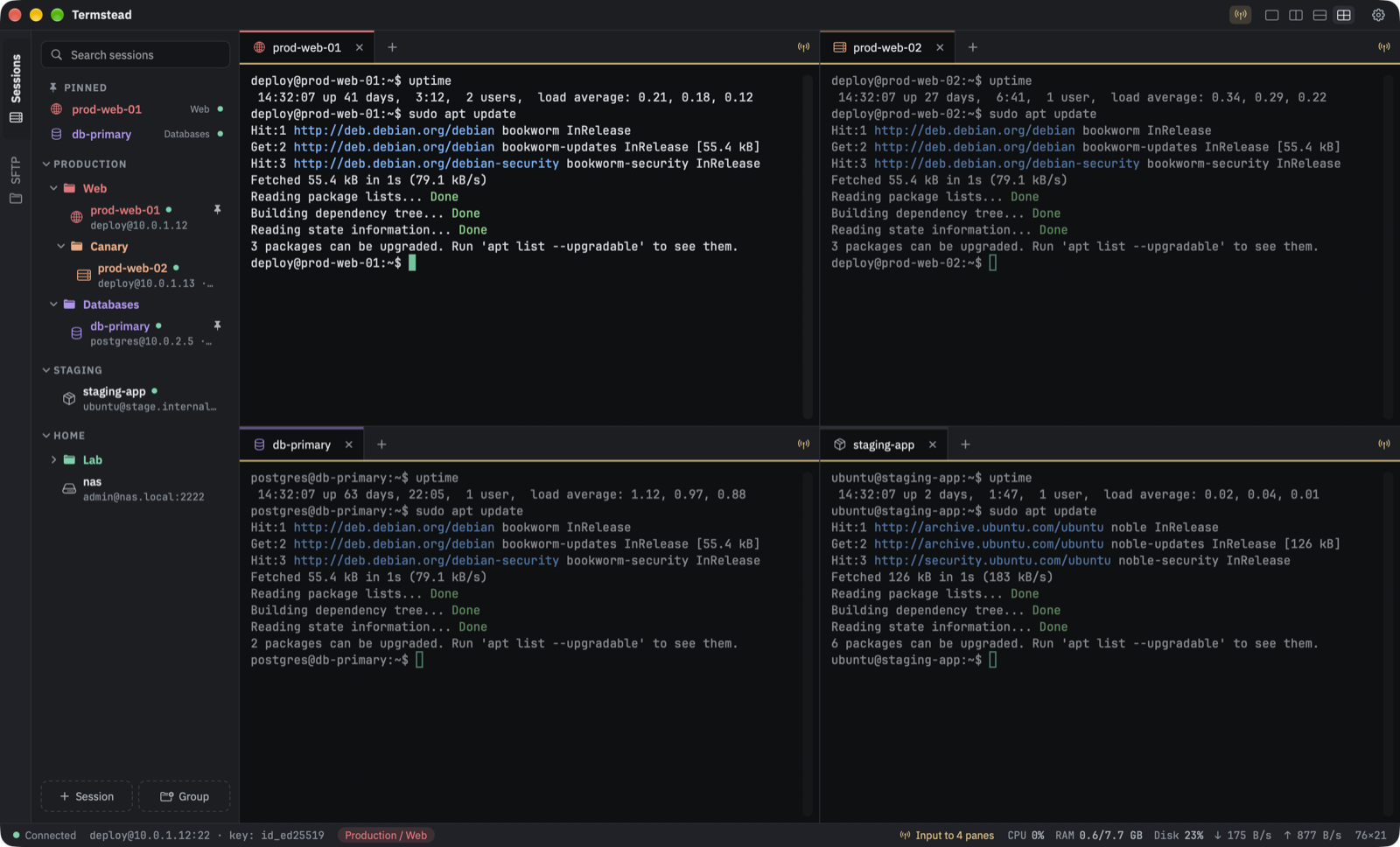 Four servers in four panes, the same command typed into all of them with broadcast input