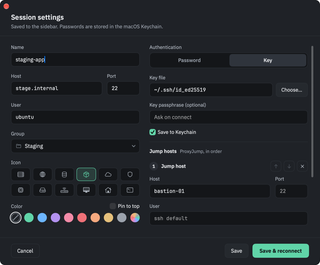 Session settings with a jump host
