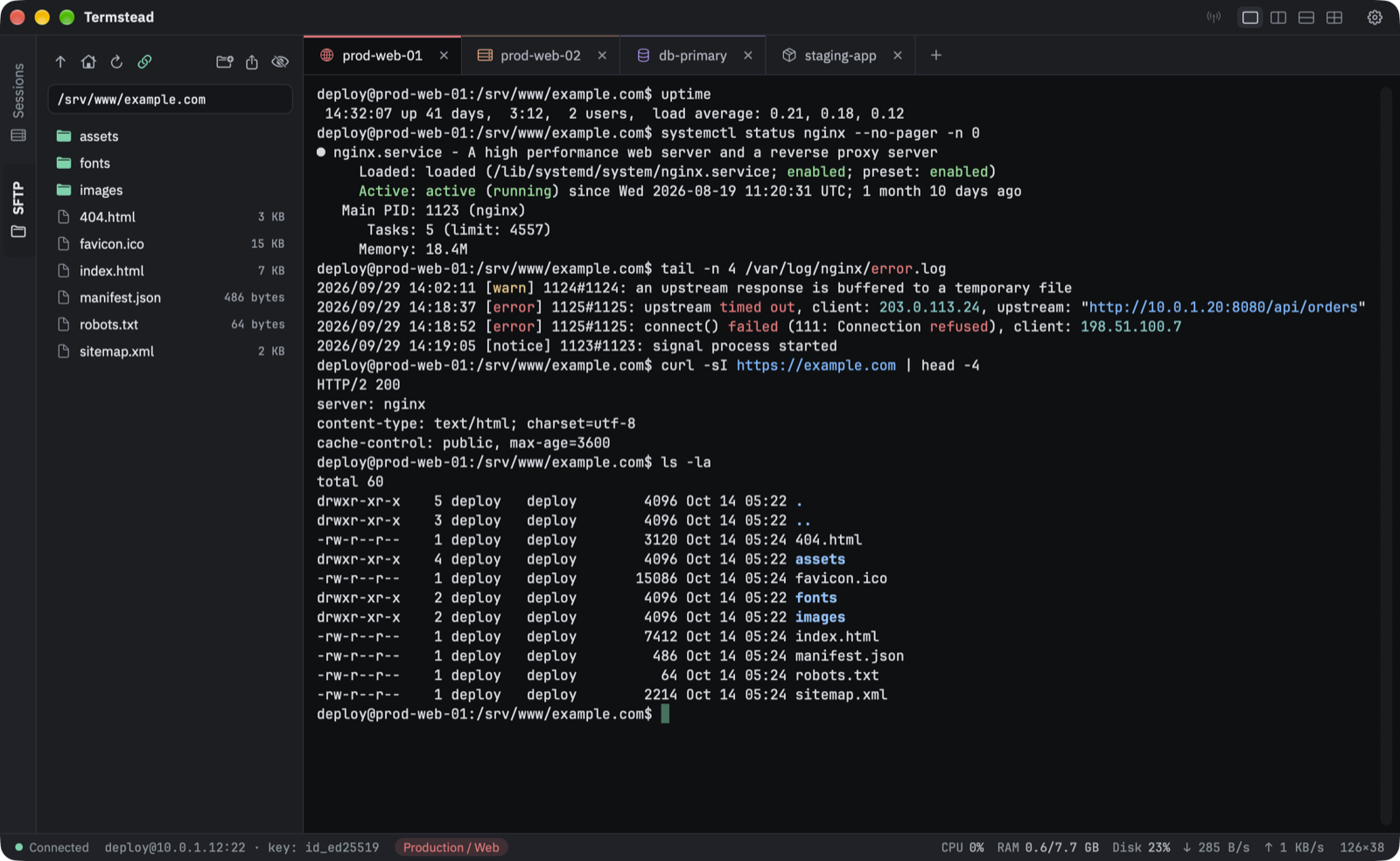 The SFTP tab listing a web root next to the terminal