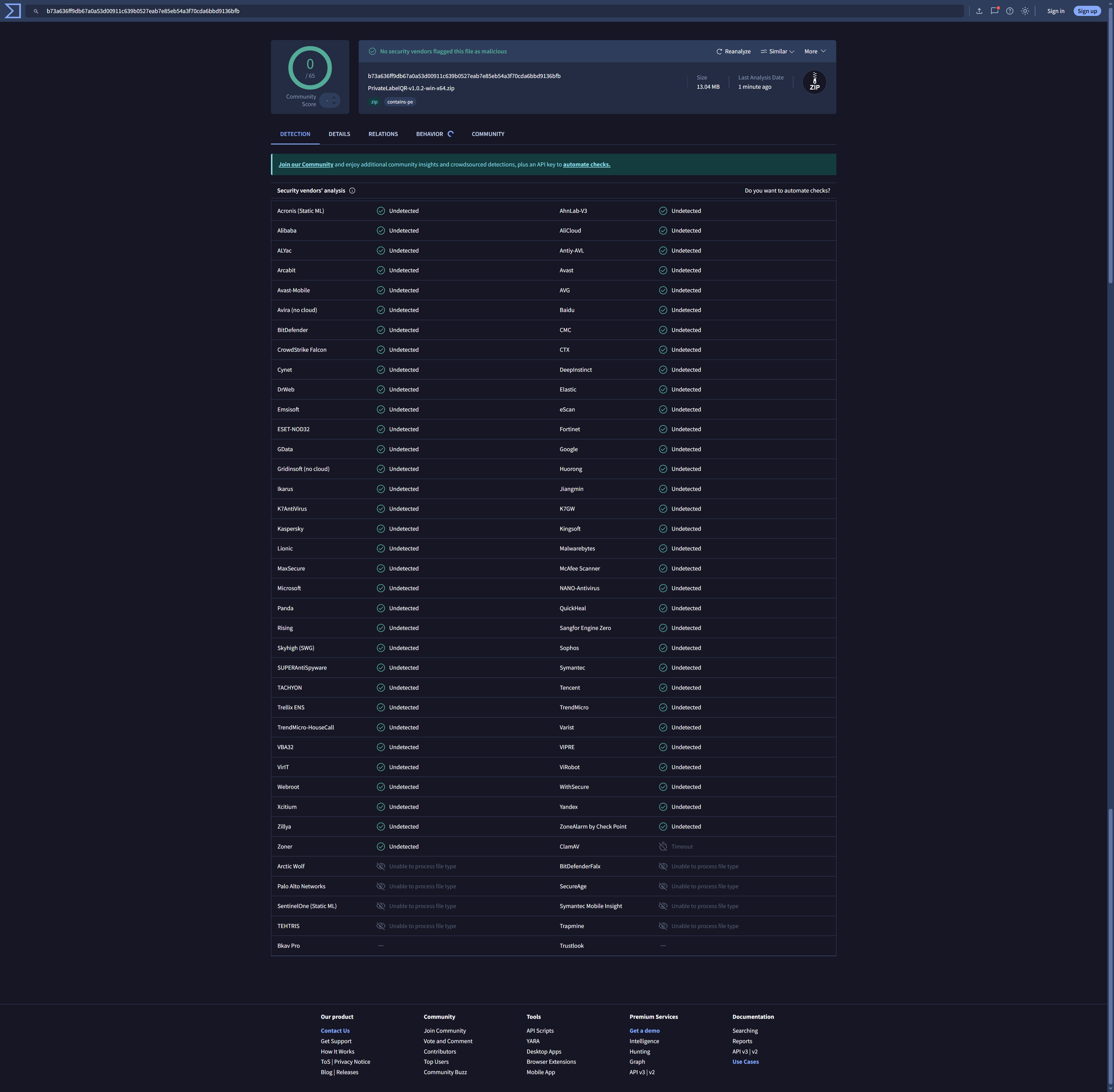 VirusTotal 0/65 Clean