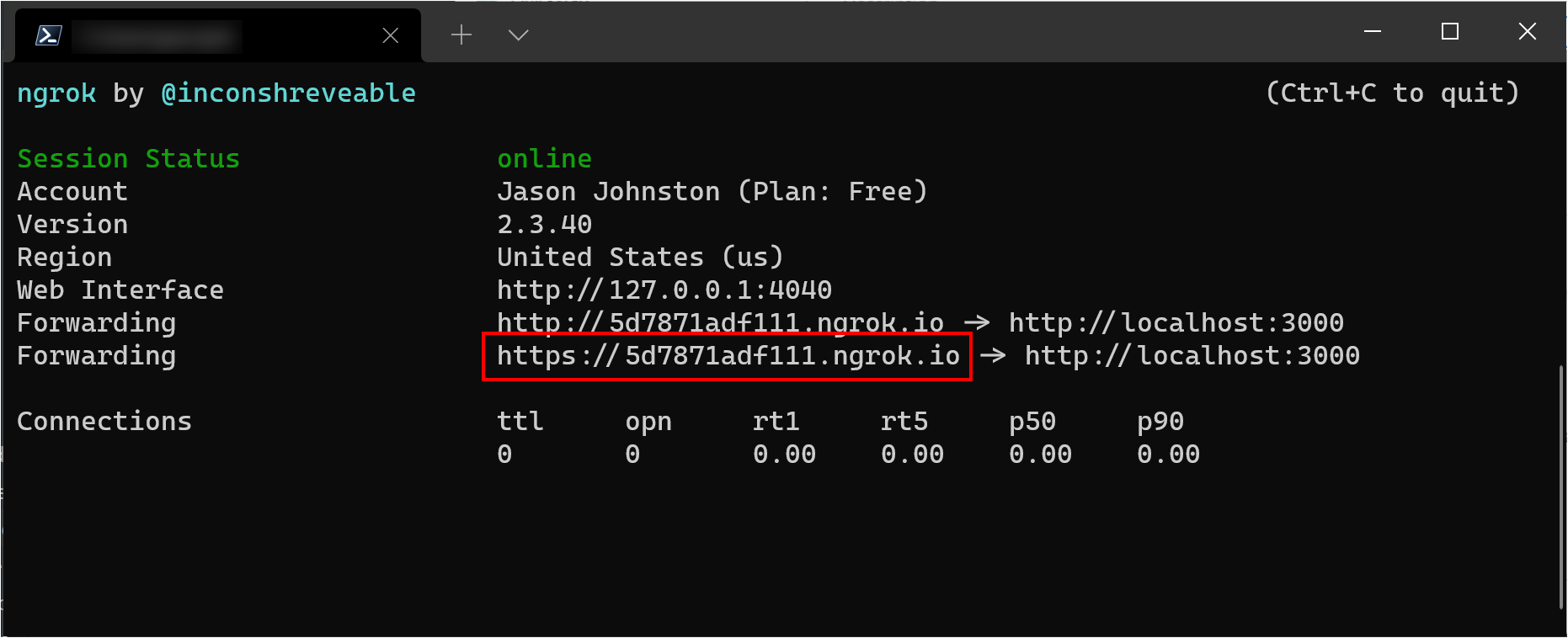 The forwarding HTTPS URL in the ngrok console
