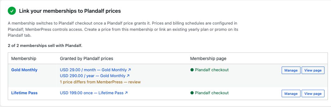 MemberPress settings linking Gold Monthly and Lifetime Pass memberships to Plandalf prices