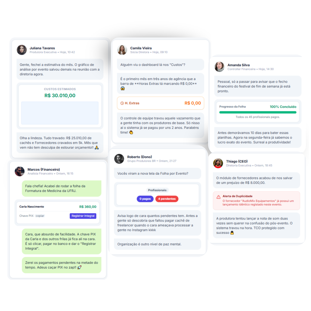 Mosaico de depoimentos e provas de resultados do PlannerSystem