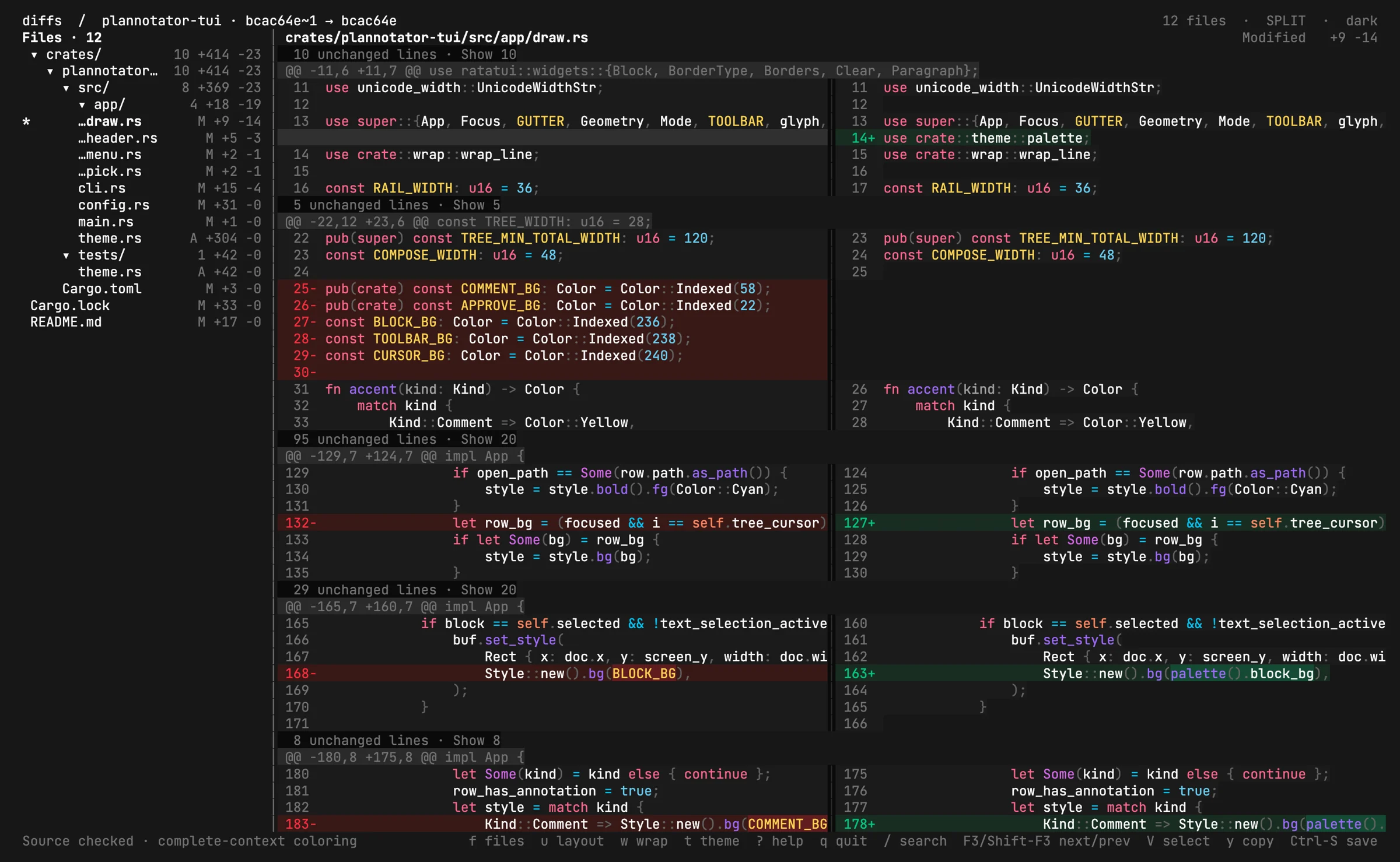 diffs showing a split diff with the changed-file sidebar