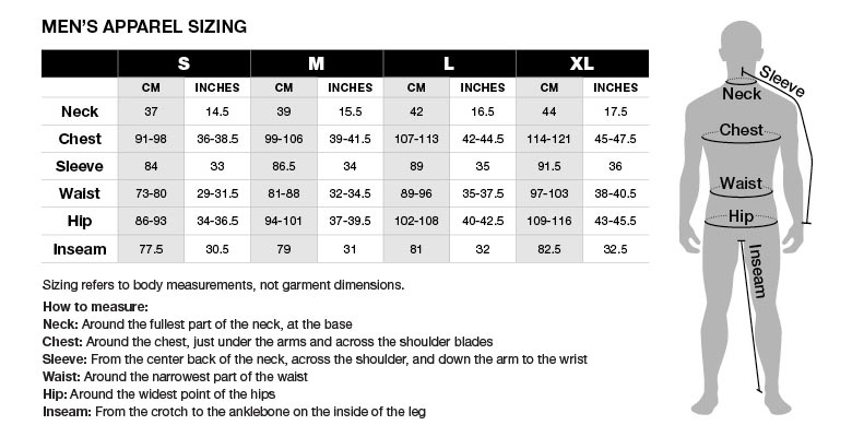 Black Diamond Men's Apparel Size Chart