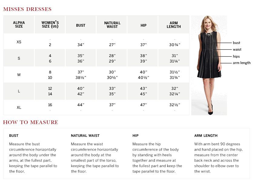 Dressbarn Misses Dresses Size Chart