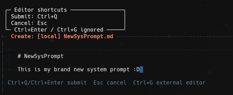 Editor area for create/edit system prompts