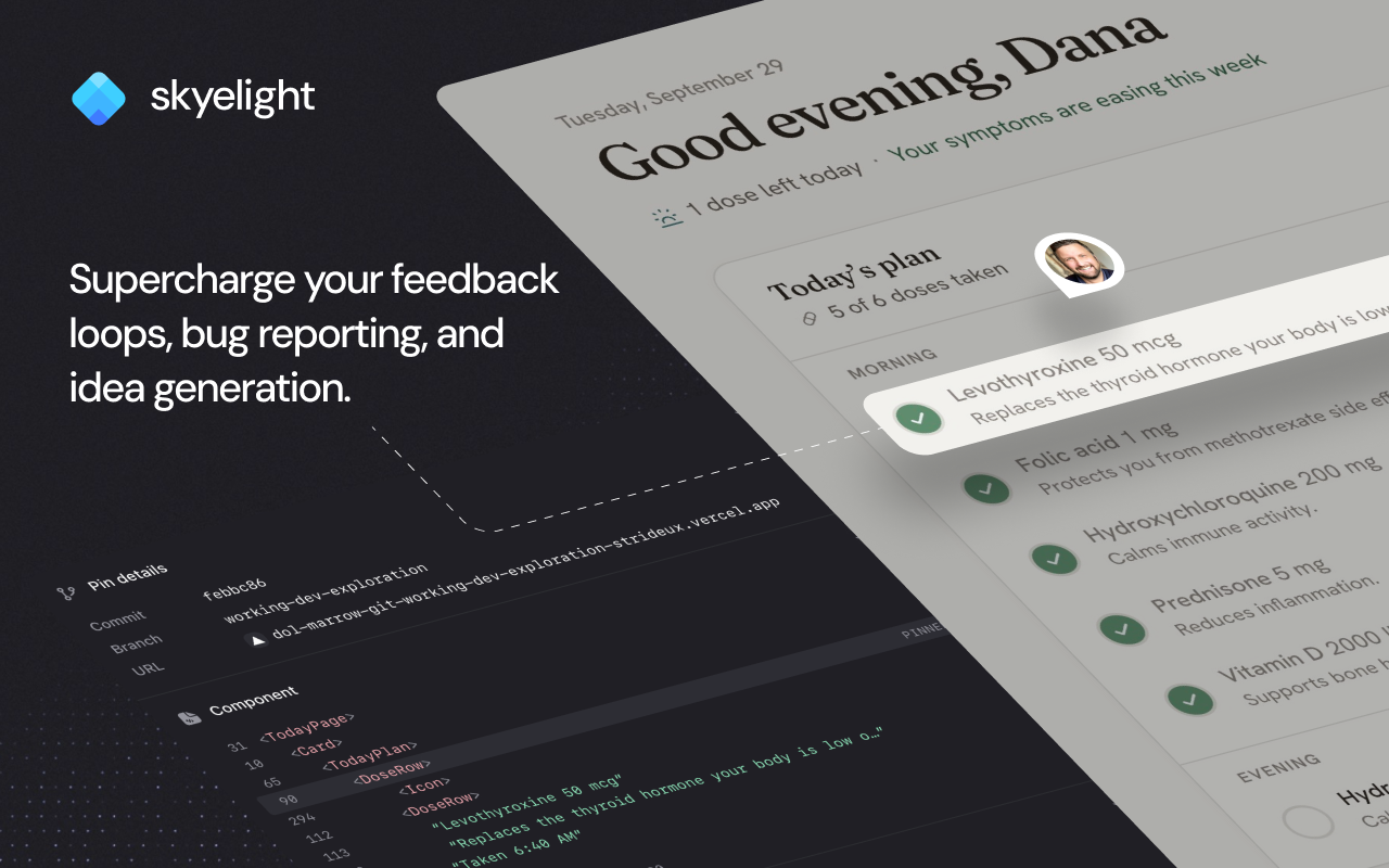 Skyelight: feedback pinned to the element, with the source behind it, for your coding agent