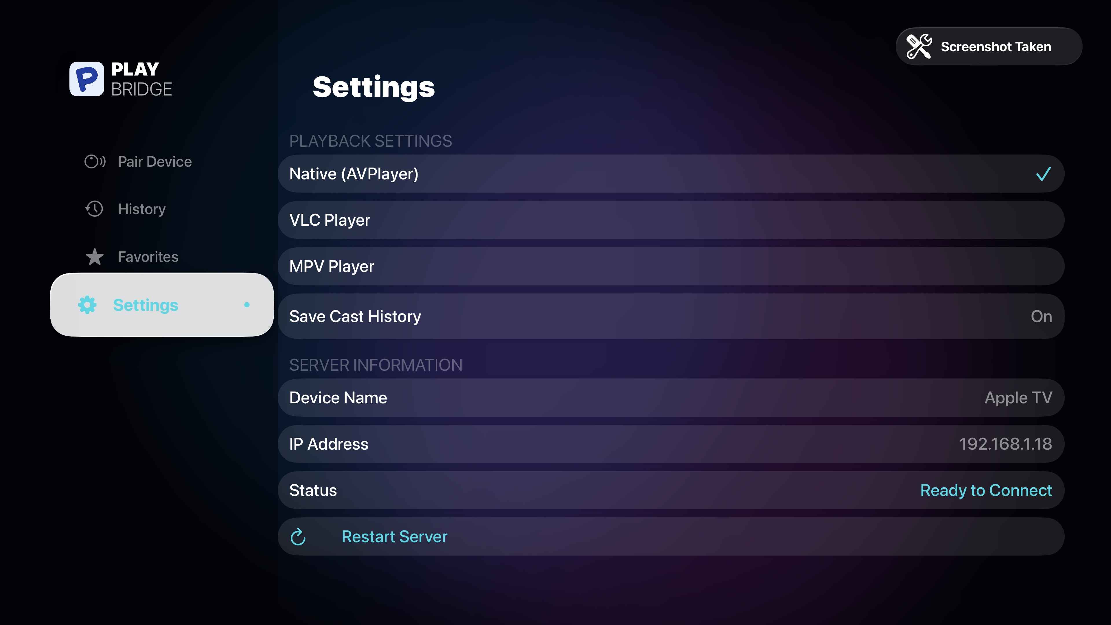 Apple TV settings screen